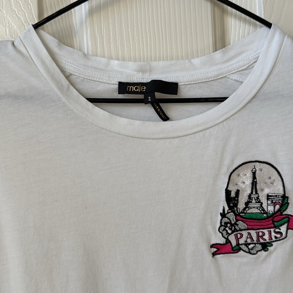 Maje Crewneck Paris Print Preppy Neutral Shirt White Size 2 oversized Flawed - Picture 4 of 8